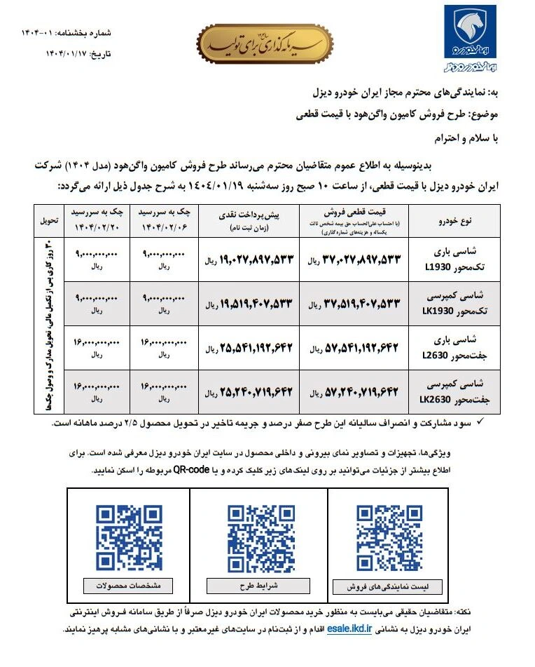 بخشنامه فروش ایران خودرو دیزل فروردین 1404