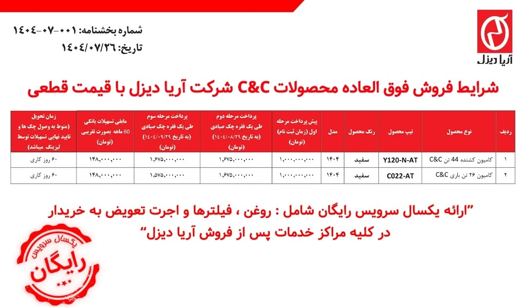 شرایط فروش آریا دیزل ویژه مهر 1404